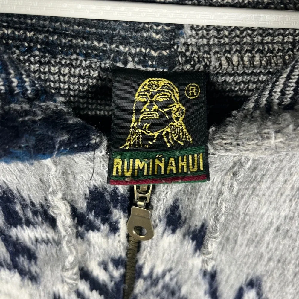 Rumiñahui Wool Zip Hoodie Men XL Grey Native American Chief Wolf Ecuador Sweater